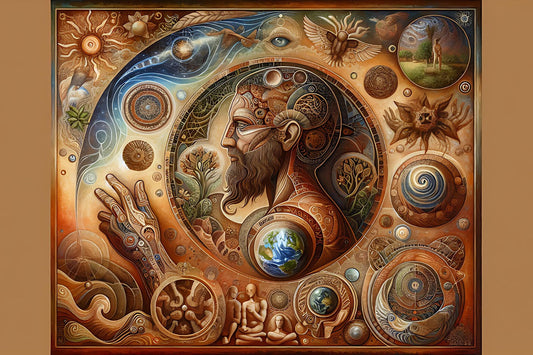 Intricate and mystical, a bearded man with cosmic and natural elements, symbolizing wisdom, nature, and interconnectedness