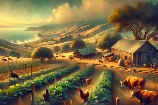 Idyllic biodynamic farm scene with cows, chickens, vegetables, and coastal hills, evoking the wholeness and individuality described in Steiner’s teachings.