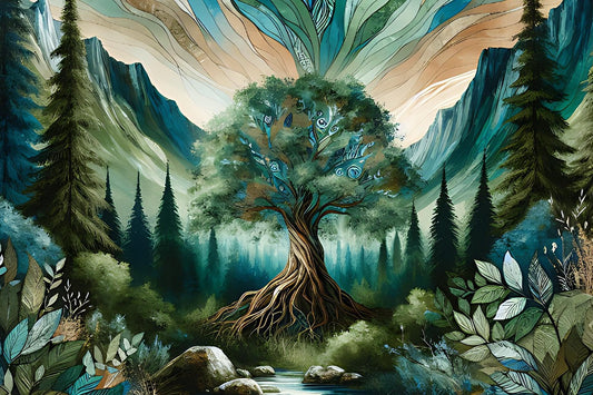 A luminous tree symbolizing unity between Earth and Spirit. Foliage in foreground, mountains and forest in background.
