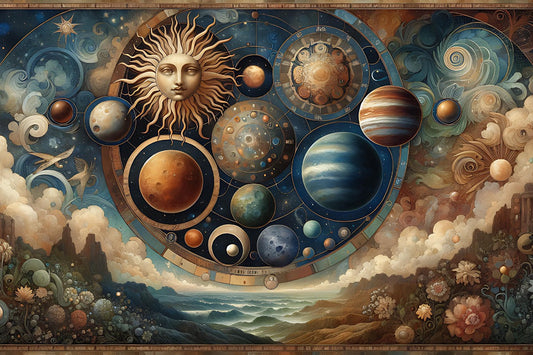 Illustration of planets and sun in a surreal cosmic mandala over nature’s landscape.