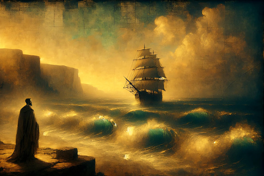 A cloaked figure watches a sailing ship approaching land through the golden mist, symbolizing the journey and transformation.