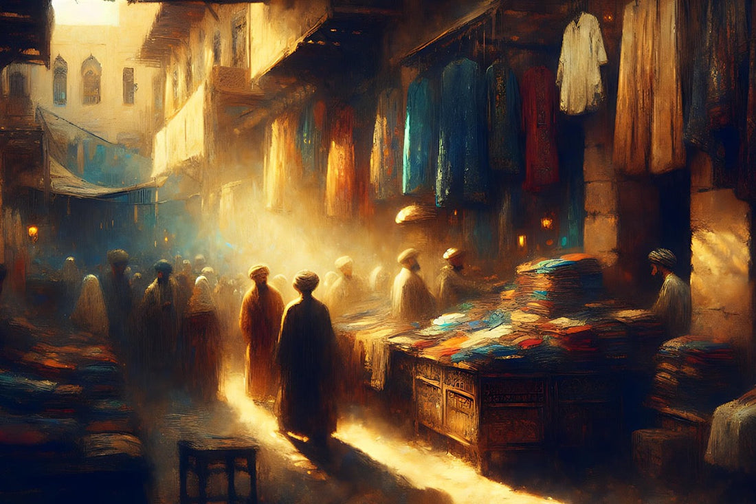 Earthy tones, blues, red and golden light. Inspired by 20th-century Lebanon. Sellers and buyers at a clothing market in the city.