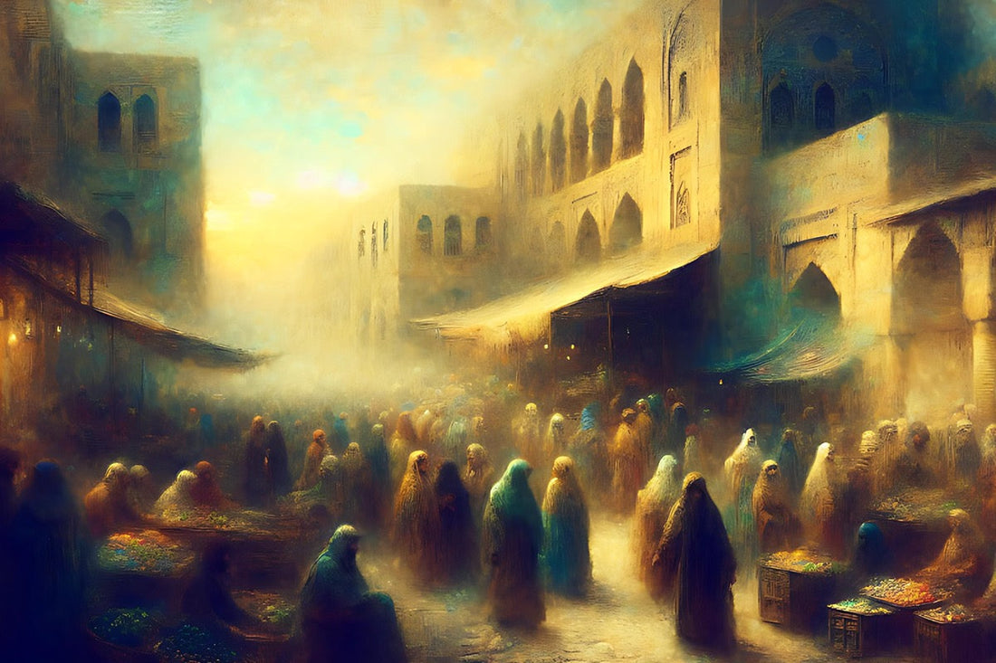 Soft, earthy tones, golden light and rich greens, painterly/ dreamlike. Inspired by 20th-century Lebanon. Depicts people buying and selling at the market.