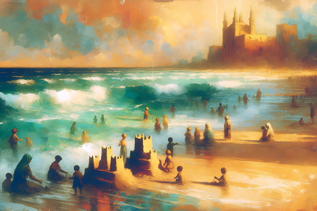 Inspired by early 20th-century Lebanese style art. Soft tones, rich blues and greens depicts children building sand towers by the sea, and standing in the water.