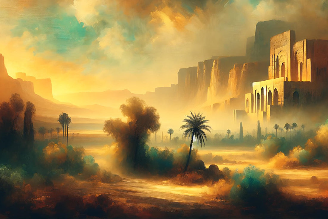 Soft, earthy tones, greens, golden light, Inspired by 20th-century Lebanon. Grove outside of the city walls. Mountains and golden sun in the background.