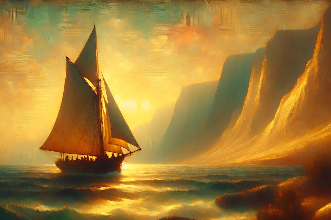 Bright golden sun in the background with sail boat and water on the left, mountains on the right.