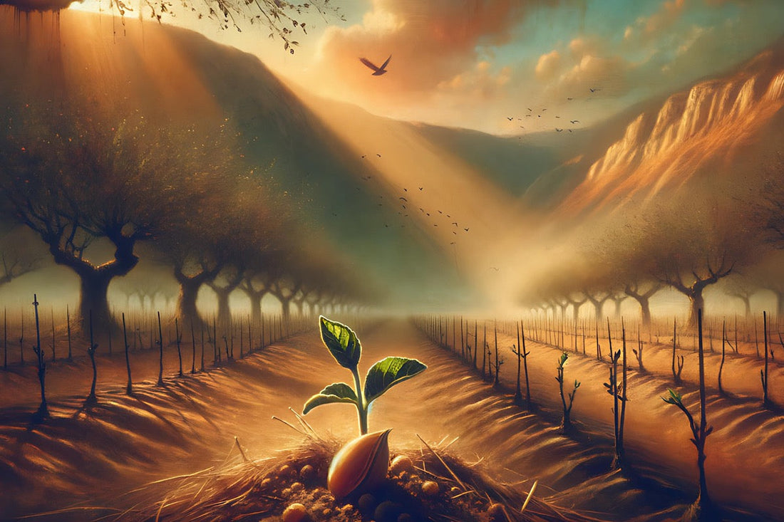 Fruit seed with small sprout growing in foreground, orchard and mountains in background.