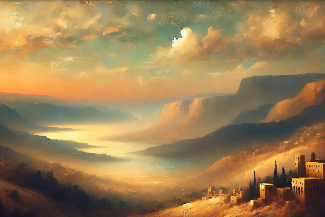 Inspired by early 20th-century Lebanon. Soft tones, painterly style art that depicts a city in the corner foreground, a valley with a river running to the sea. Mountains to both sides.