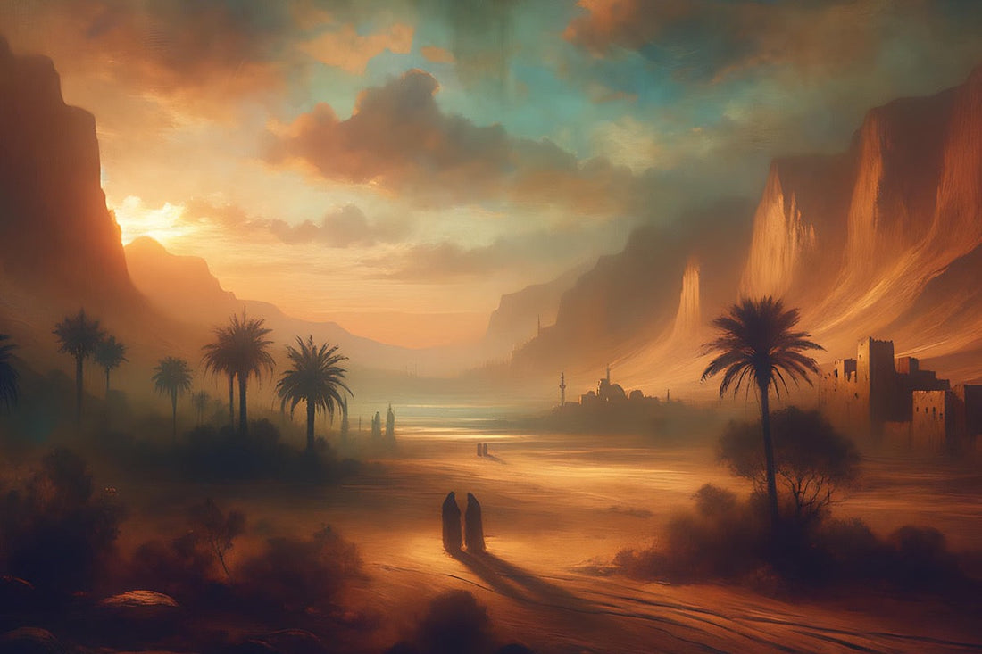 Inspired by early 20th-century Lebanese style art with soft tones, pinks and blues. Depicts couples standing watching the sunset, between the mountains. Palm trees around, city in the distance.