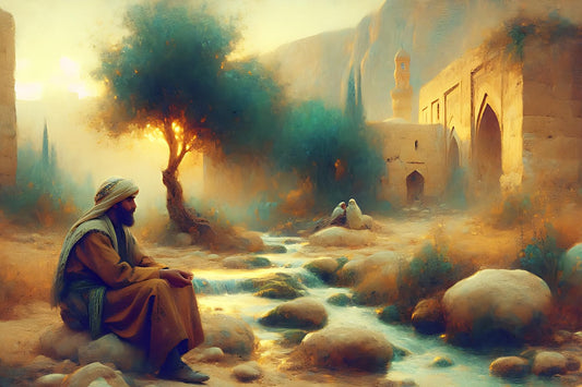 Earthy tones, greens and golden light. Inspired by 20th-century Lebanon. Man sat by a stream. Trees and buildings behind, the mountains in the background.