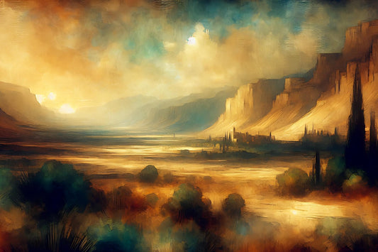 Soft tones, dreamlike style art that depicts an expansive valley between the mountains.