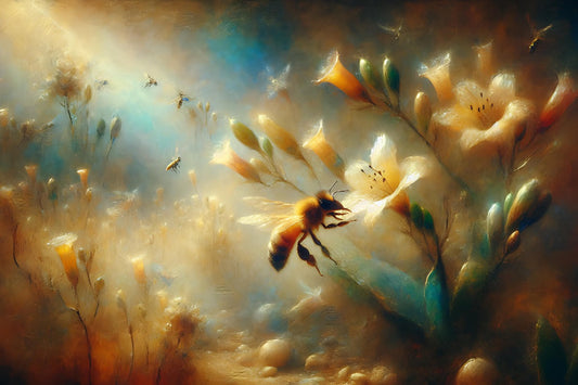 Soft, earthy tones, greens and blues. Bees visiting white flowers. One main bee and plant in the foreground.