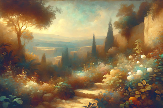Soft, earthy tones, greens, painterly. Inspired by 20th-century Lebanon. A garden and stone steps outside the city walls.