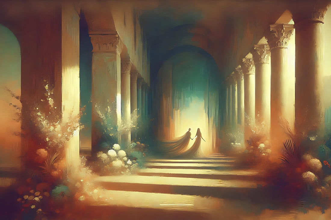 Soft, earthy tones, painterly/ dreamlike. Depicts archway of large pillars with flowers at the base of pillars, a couple in traditional gowns in the background.