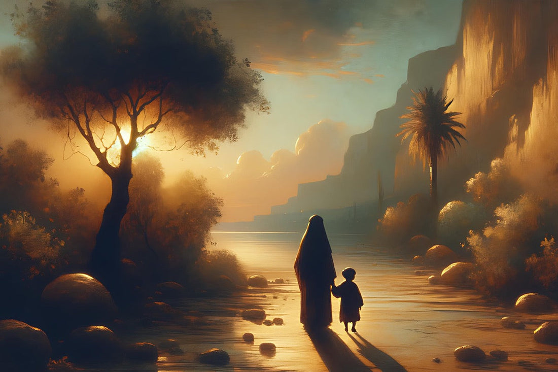 Woman and small child holding hands while they walk towards the setting sun. Trees and mountain surround them.