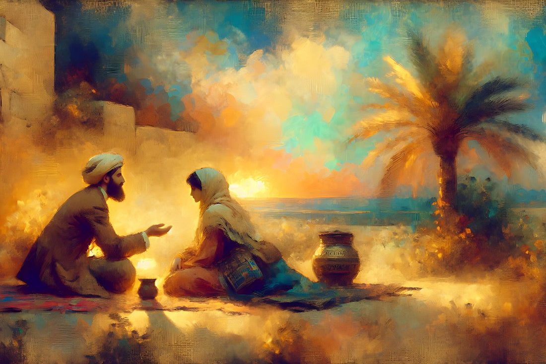 Inspired by early 20th-century Lebanon. Soft desert hues, golden light. A painterly style art that depicts two people visiting together in the light of a lamp.