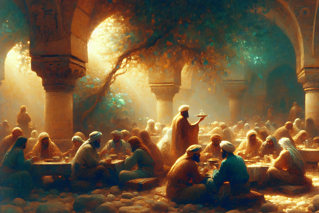 Inspired by early 20th-century Lebanon. Soft tones, painterly style art that depicts several tables of people eating and drinking.