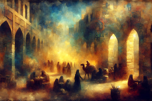 Inspired by early 20th-century Lebanon. Soft tones, dreamlike style art that depicts people with their goods and wares in the village walls.