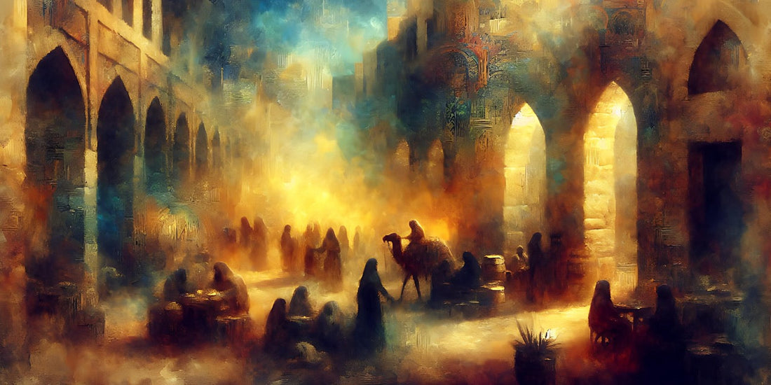 Inspired by early 20th-century Lebanon. Soft tones, dreamlike style art that depicts people with their goods and wares in the village walls.
