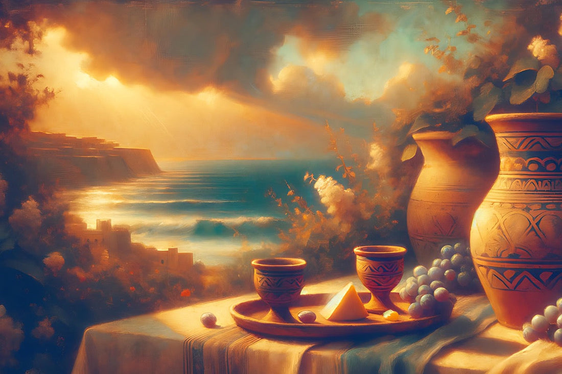 Earthy tones, blues and golden light. Inspired by 20th-century Lebanon. Clay wine cups on a tray with cheese and grapes and clay jug on a table. The mountains, sky and sea in the background.