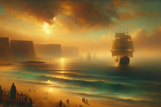 Earthy tones, blue greens and golden light, in a dreamy style. A ship departs for the sea in the early evening as people watch the departure from land.