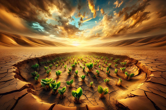 New seedlings emerge from a small crater in the dry, desert soil. Mountains, sunset and blue sky with clouds in background.