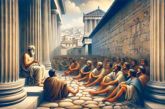 a depiction of Socrates speaking to his students in Ancient Athens