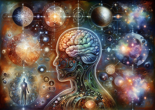 Illustration of human consciousness connected to cosmic energy, planets, light, and sacred geometry, symbolizing awakening and Earth’s magnetic shifts.