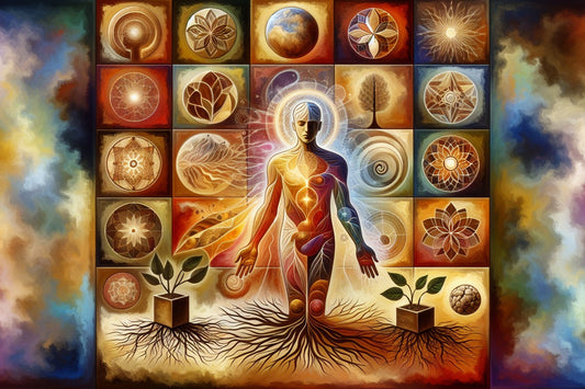 Spiritual human form rooted in earth, surrounded by elemental symbols representing nature's etheric and cosmic forces.