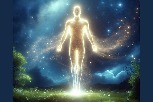 Luminous human form grounded on the earth, with green grass and bushes, shades of blue in clouds and sky.