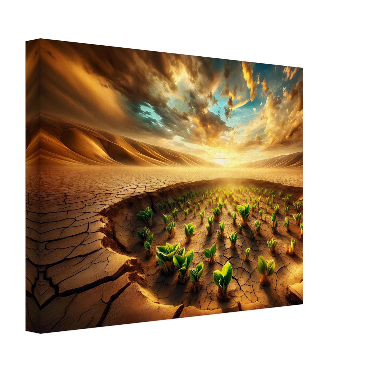 A canvas print featuring a nature-inspired AI generated image of small plants growing out of cracked desert ground, with a dramatic sky.