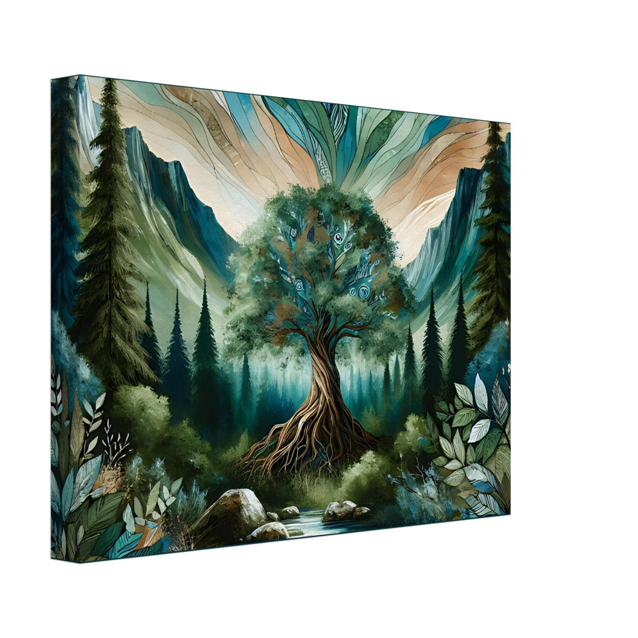 Majestic tree with glowing roots in a forested mountain valley, symbolizing deep earth connection and natural harmony.