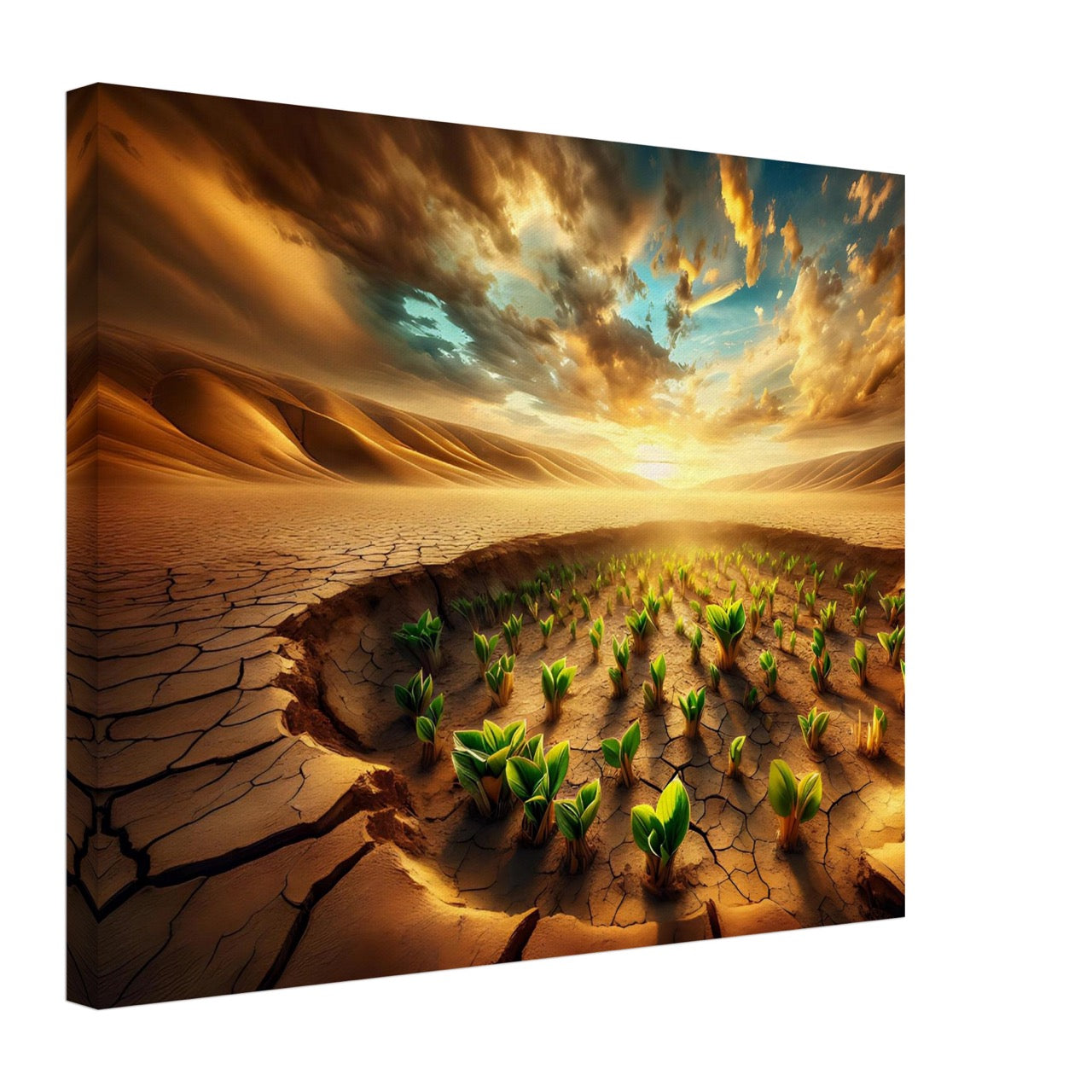 A canvas print featuring a nature-inspired AI generated image of small plants growing out of cracked desert ground, with a dramatic sky.