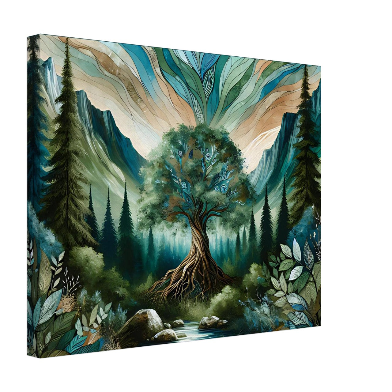 Majestic tree with glowing roots in a forested mountain valley, symbolizing deep earth connection and natural harmony.