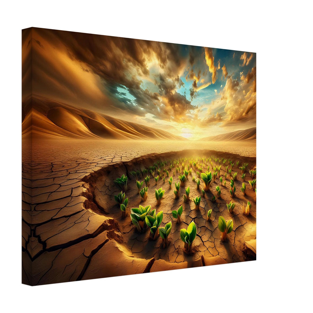 A canvas print featuring a nature-inspired AI generated image of small plants growing out of cracked desert ground, with a dramatic sky.