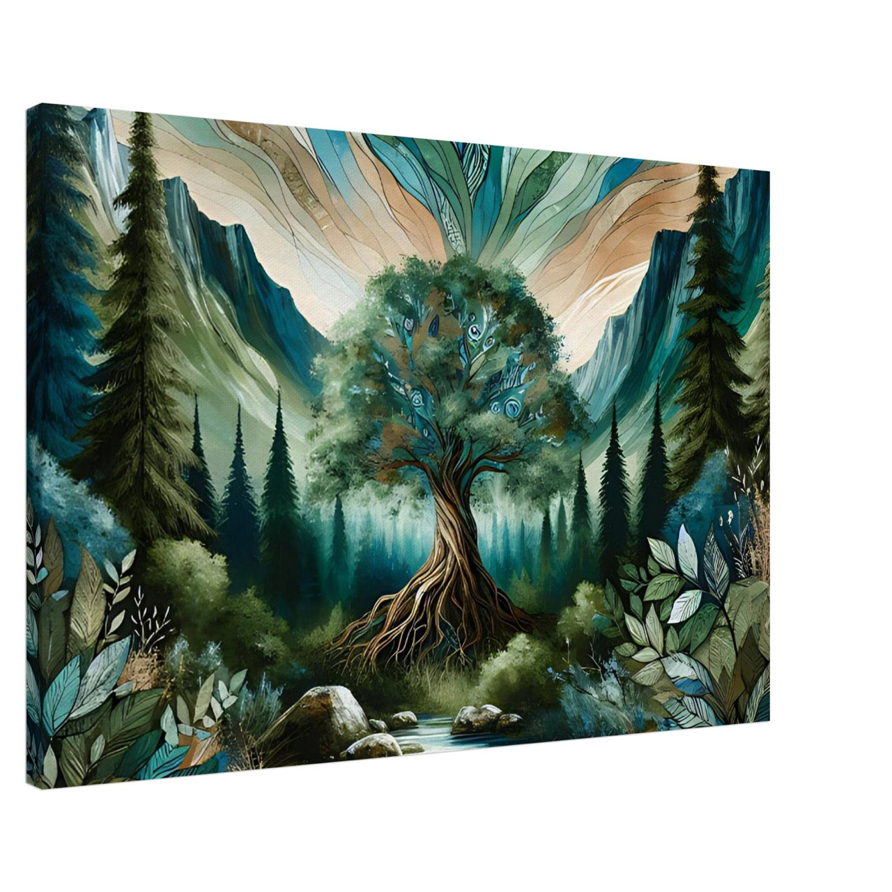 Majestic tree with glowing roots in a forested mountain valley, symbolizing deep earth connection and natural harmony.