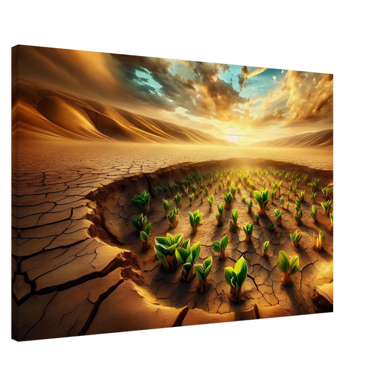 A canvas print featuring a nature-inspired AI generated image of small plants growing out of cracked desert ground, with a dramatic sky.