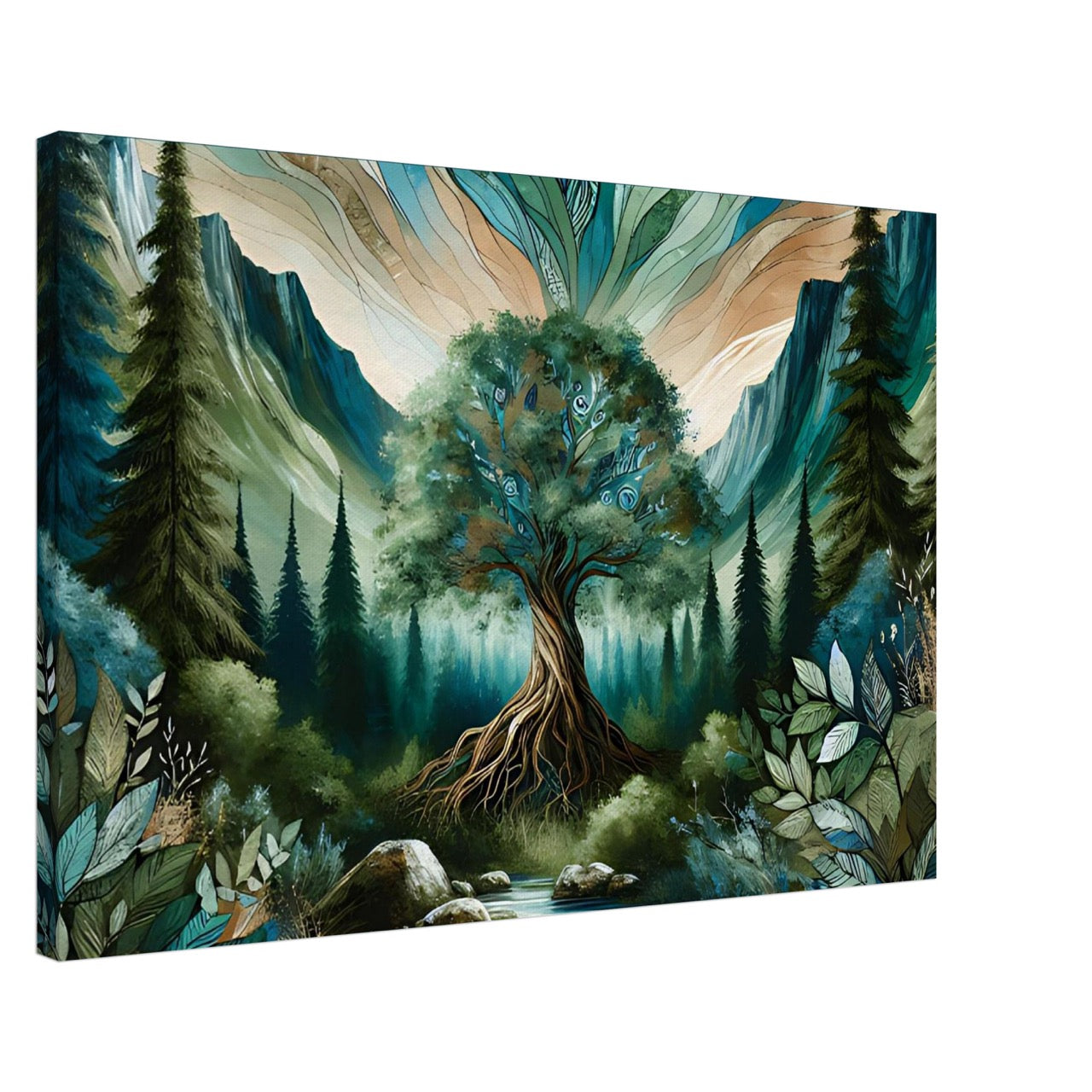 Majestic tree with glowing roots in a forested mountain valley, symbolizing deep earth connection and natural harmony.