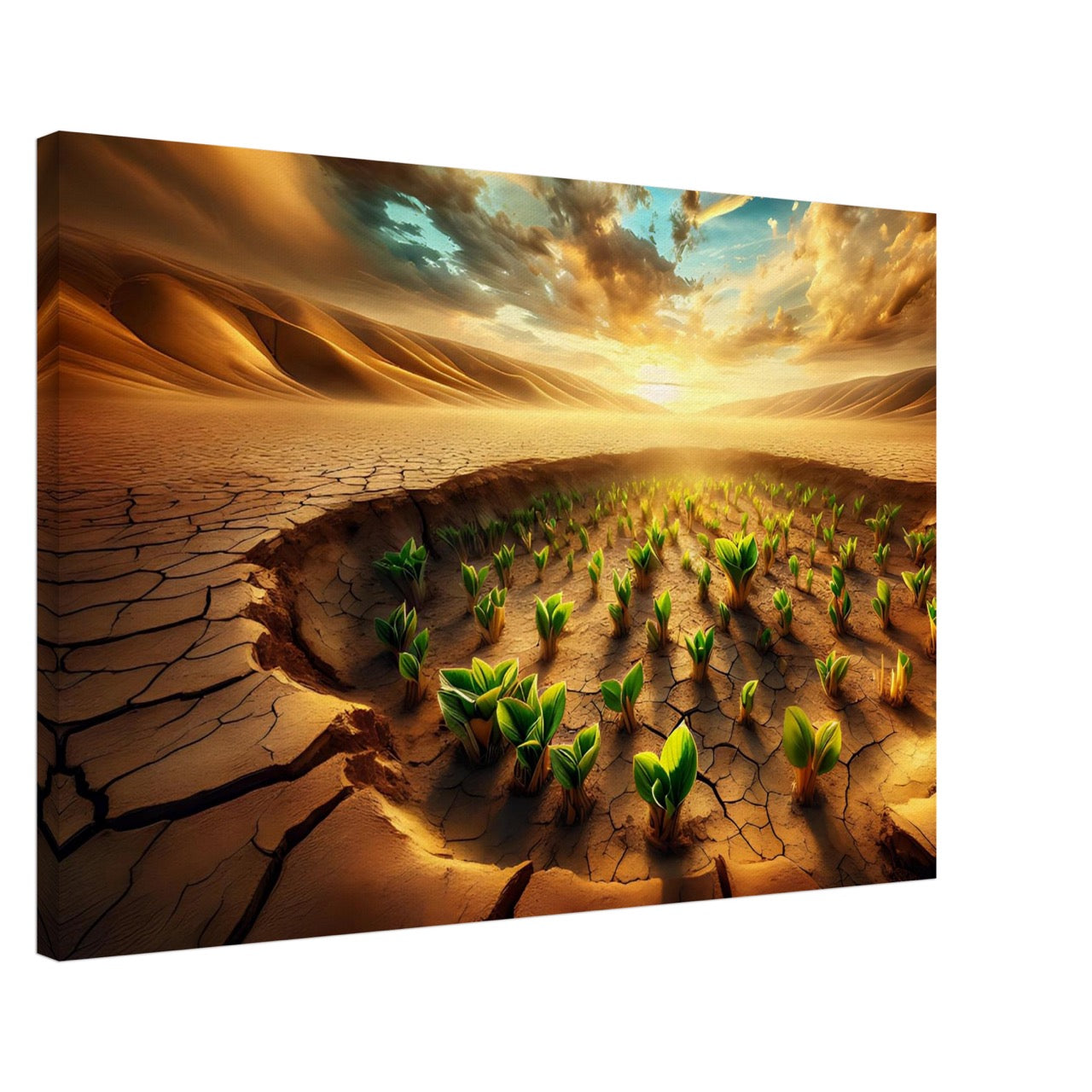 A canvas print featuring a nature-inspired AI generated image of small plants growing out of cracked desert ground, with a dramatic sky.