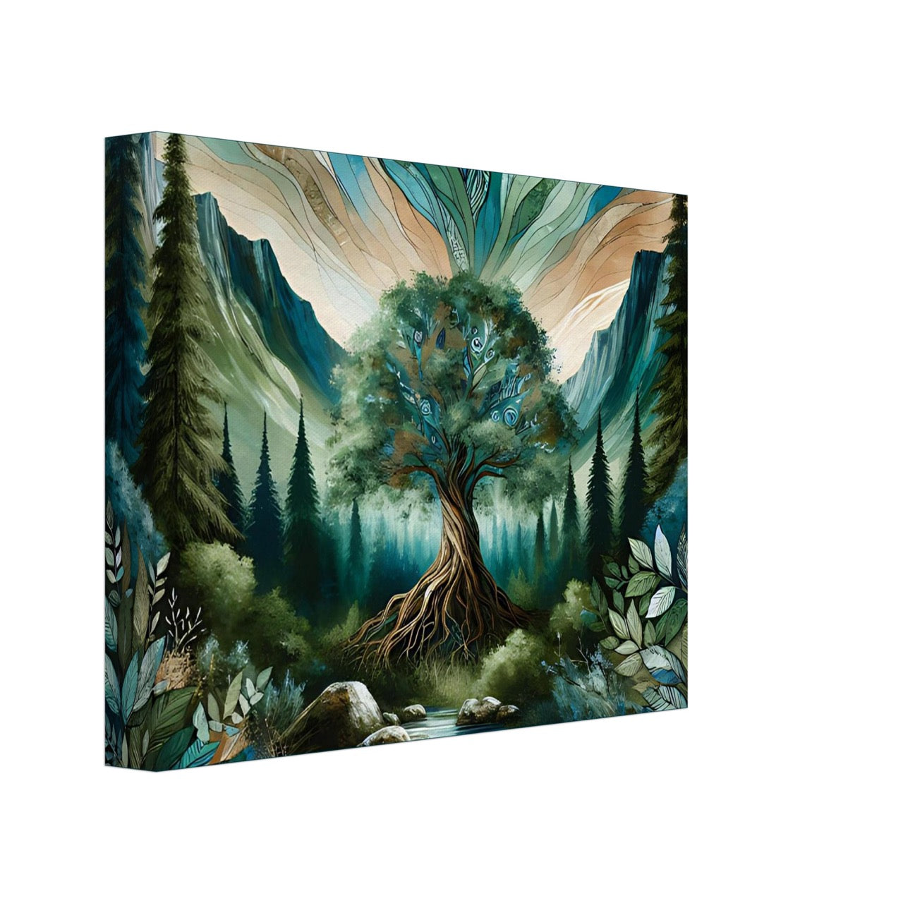 Majestic tree with glowing roots in a forested mountain valley, symbolizing deep earth connection and natural harmony.