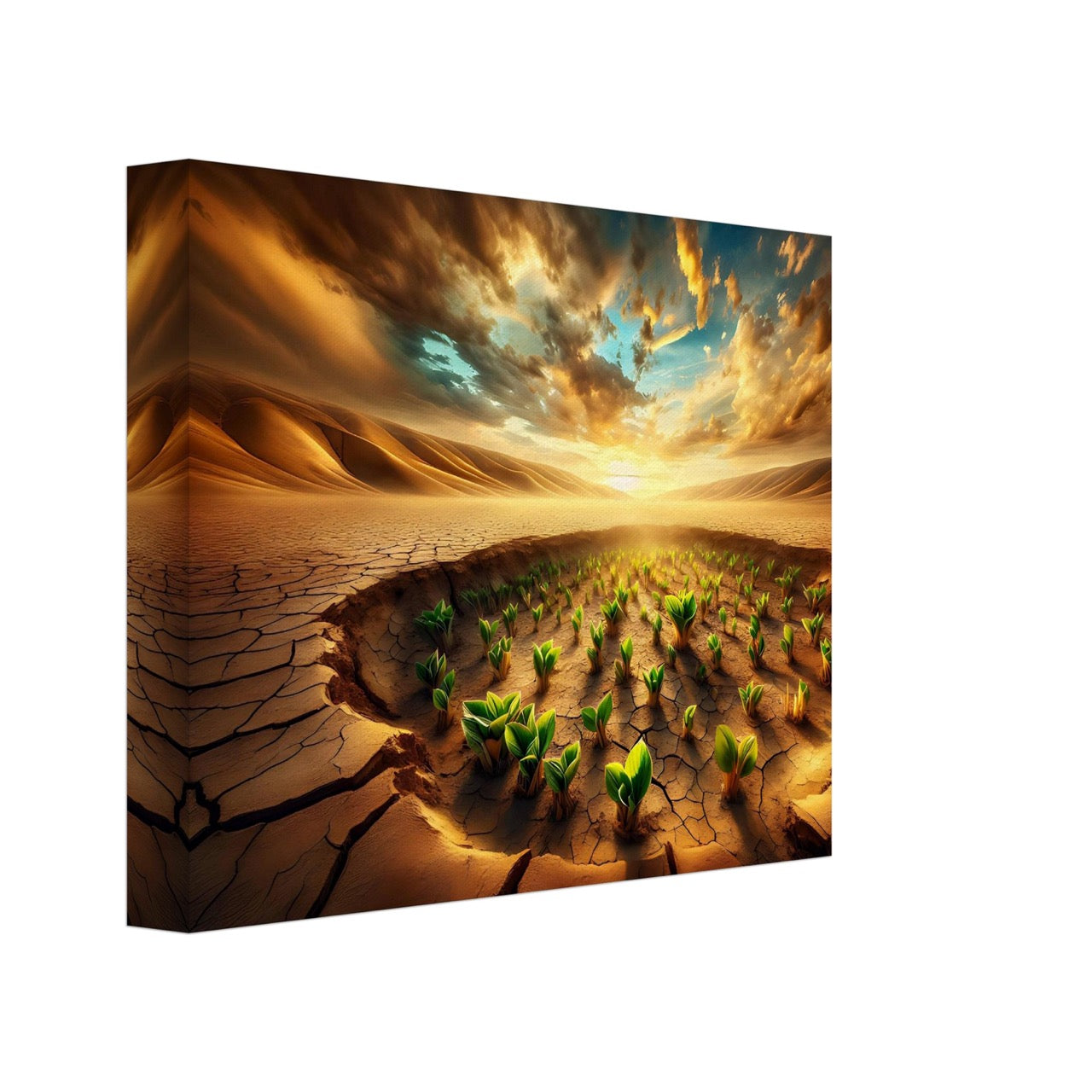 A canvas print featuring a nature-inspired AI generated image of small plants growing out of cracked desert ground, with a dramatic sky.