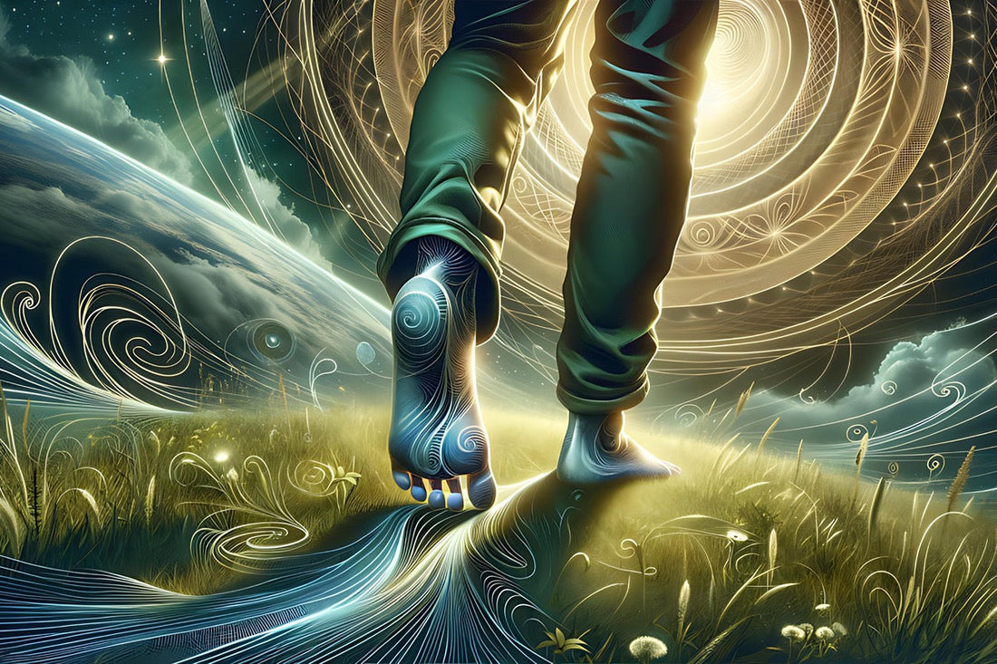 Soft blues and greens, ground view of human walking barefoot on the earth. Geometrical patterns in sun in the background.