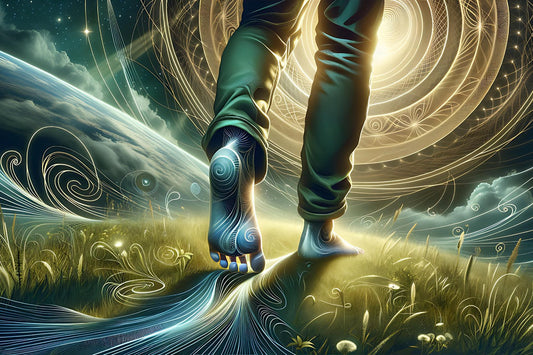 Soft blues and greens, ground view of human walking barefoot on the earth. Geometrical patterns in sun in the background.