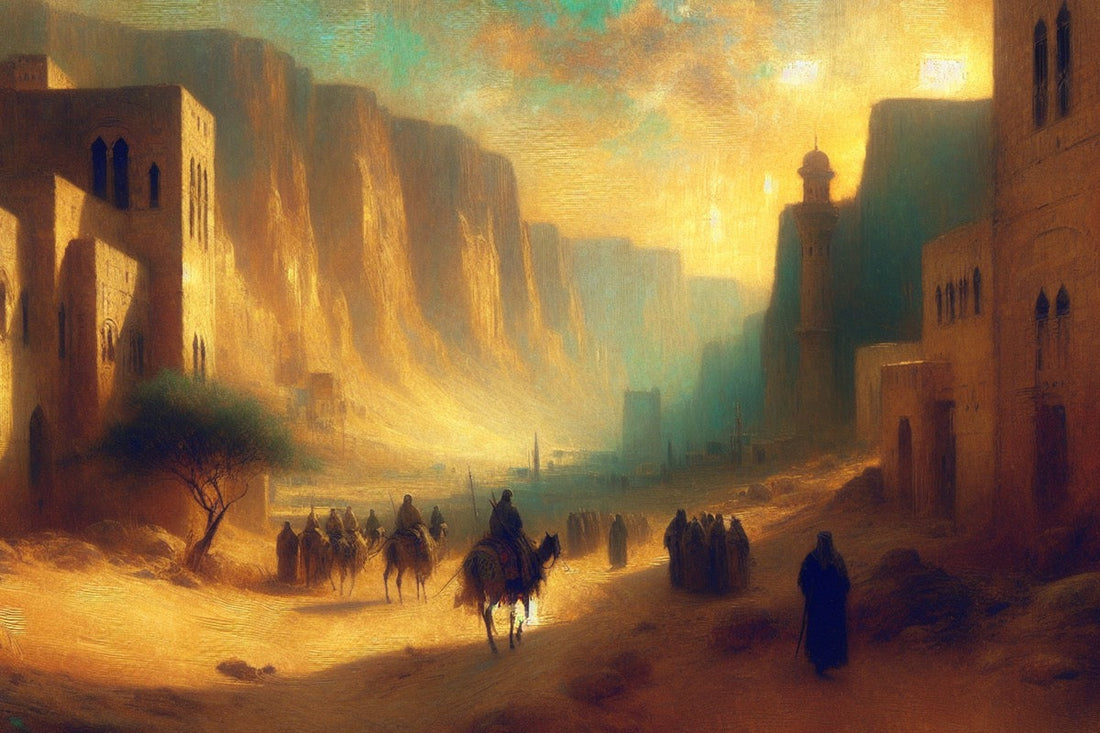 Inspired by early 20th-century. Soft tones, Lebanese style art that depicts procession of people through the city with mountains in the background.
