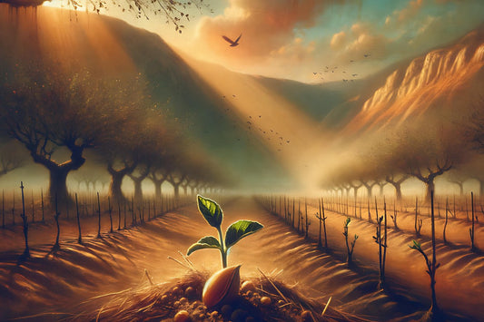 Fruit seed with small sprout growing in foreground, orchard and mountains in background.