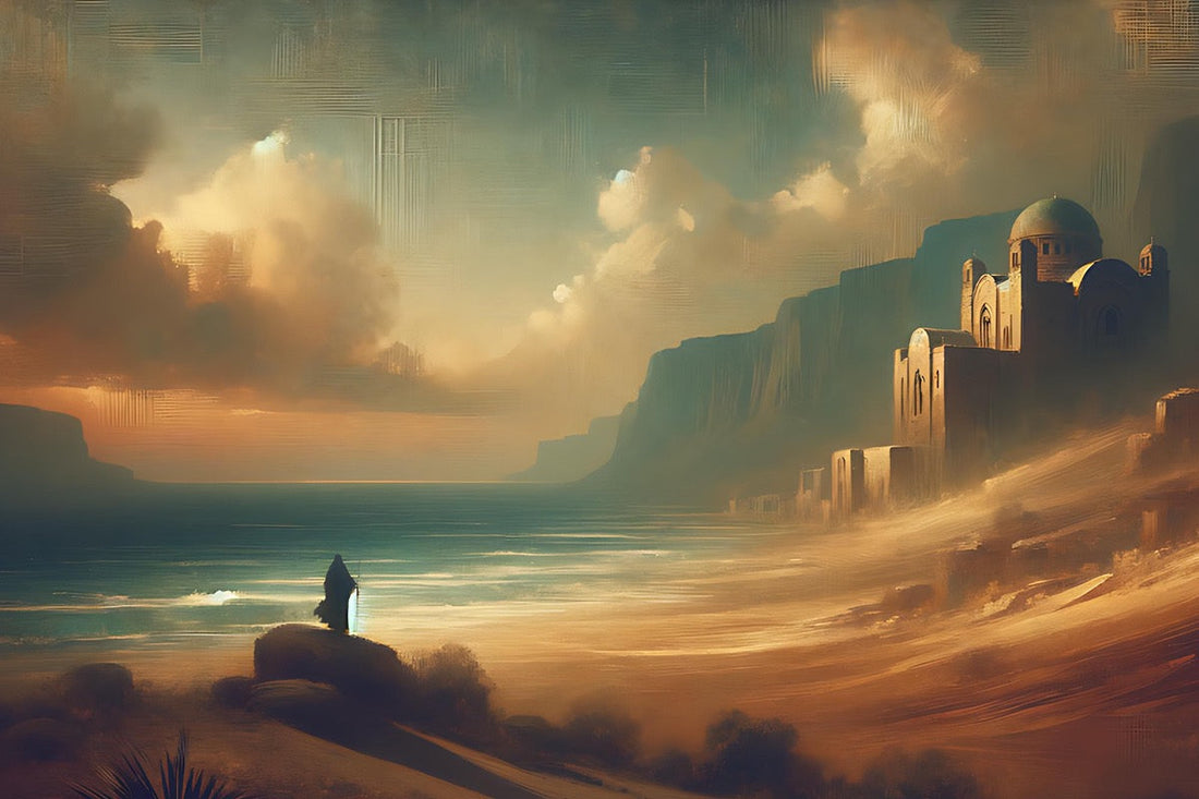 A lone individual stands far from the city and temple walls, looking to the sea.  His isolation is a place to hear his wisdom.