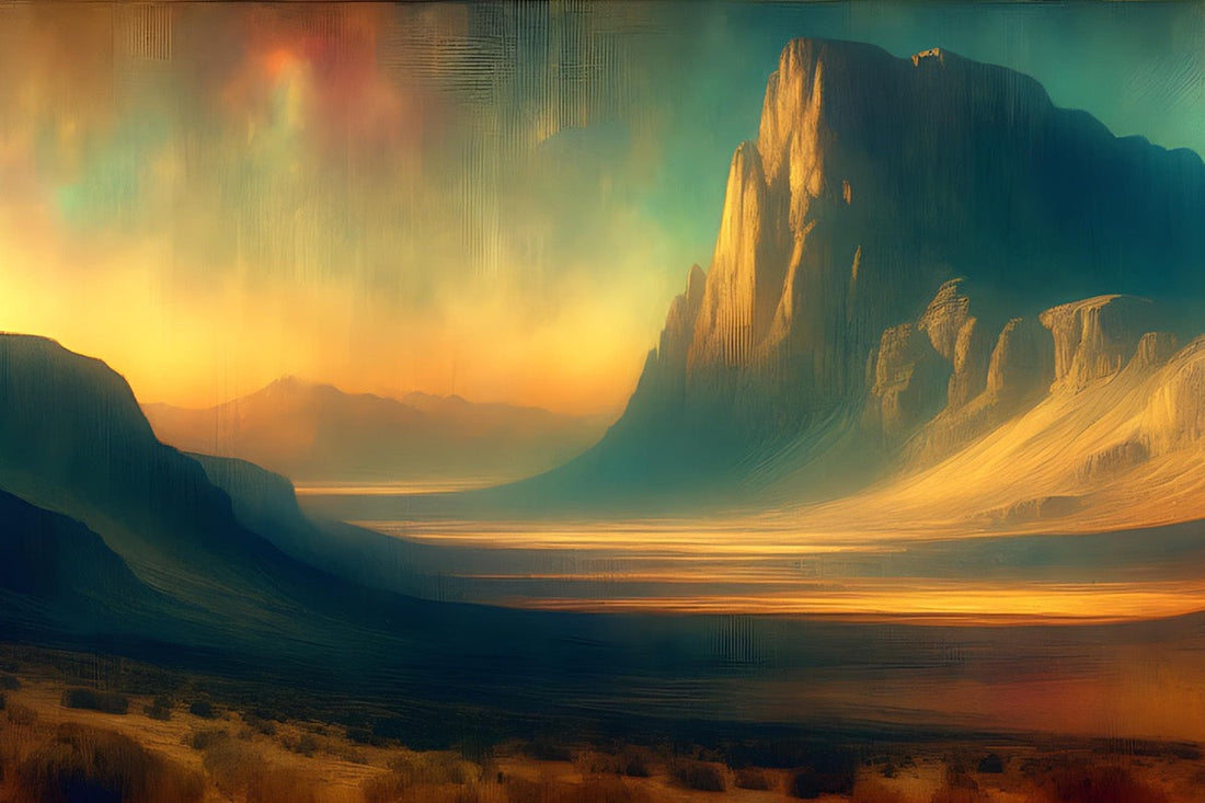 Soft tones, painterly style, depicts mountains a valley and a vast sky