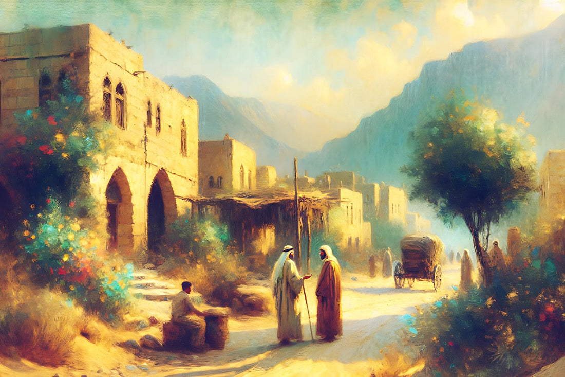 Inspired by early 20th-century Lebanese style art.  Soft tones, golden light that depicts two people meeting and talking on the road.