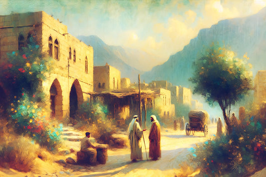 Inspired by early 20th-century Lebanese style art.  Soft tones, golden light that depicts two people meeting and talking on the road.