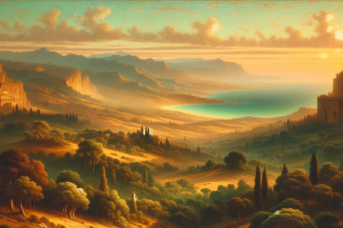 Inspired by early 20th-century Lebanon. Soft tones, painterly or dreamlike style art that depicts fields, valleys, city walls and the sea.